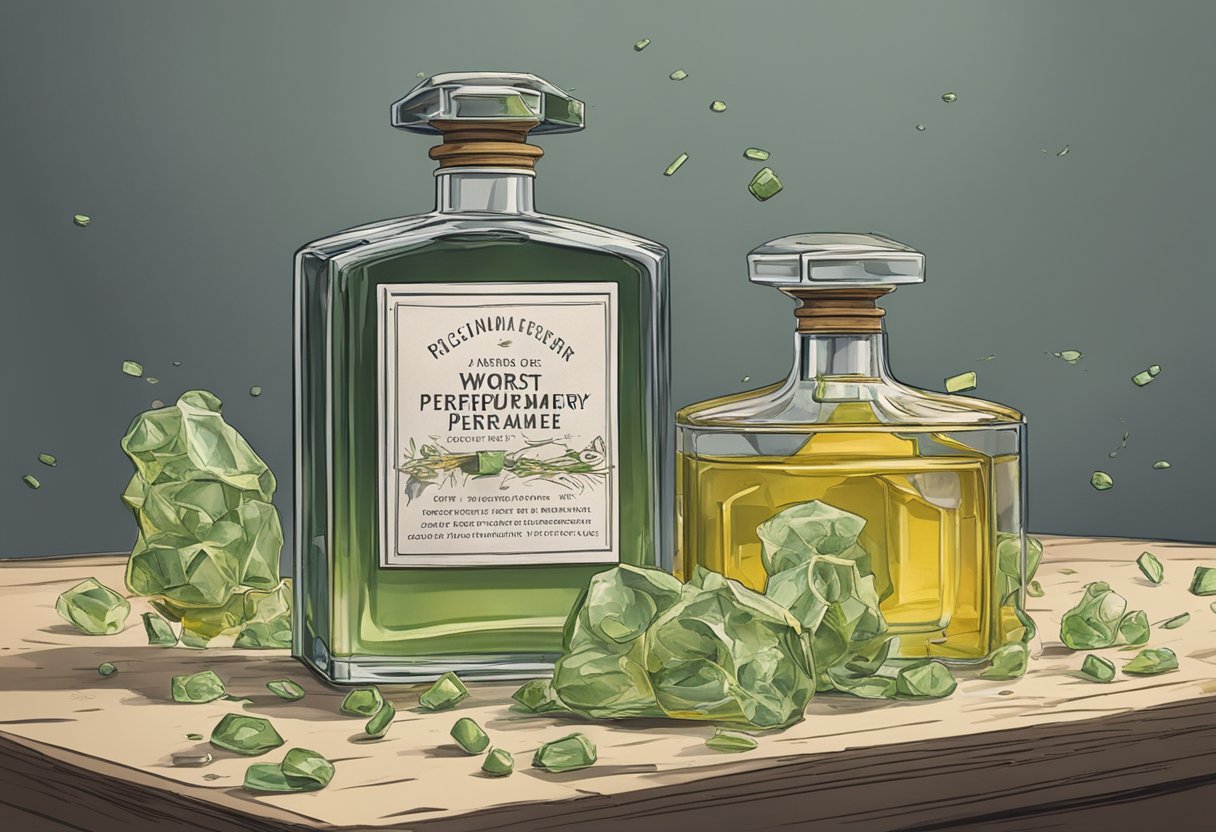 A putrid odor emanates from a shattered bottle, causing people to recoil in disgust. The label reads "History of Perfumery: worst perfume ever."