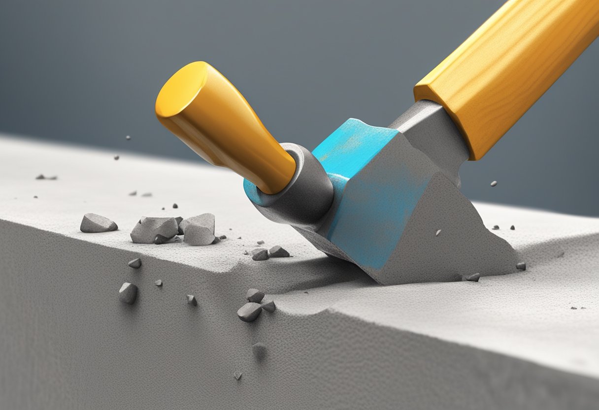 A hammer strikes the back of a pry bar, lifting a nail from the concrete surface