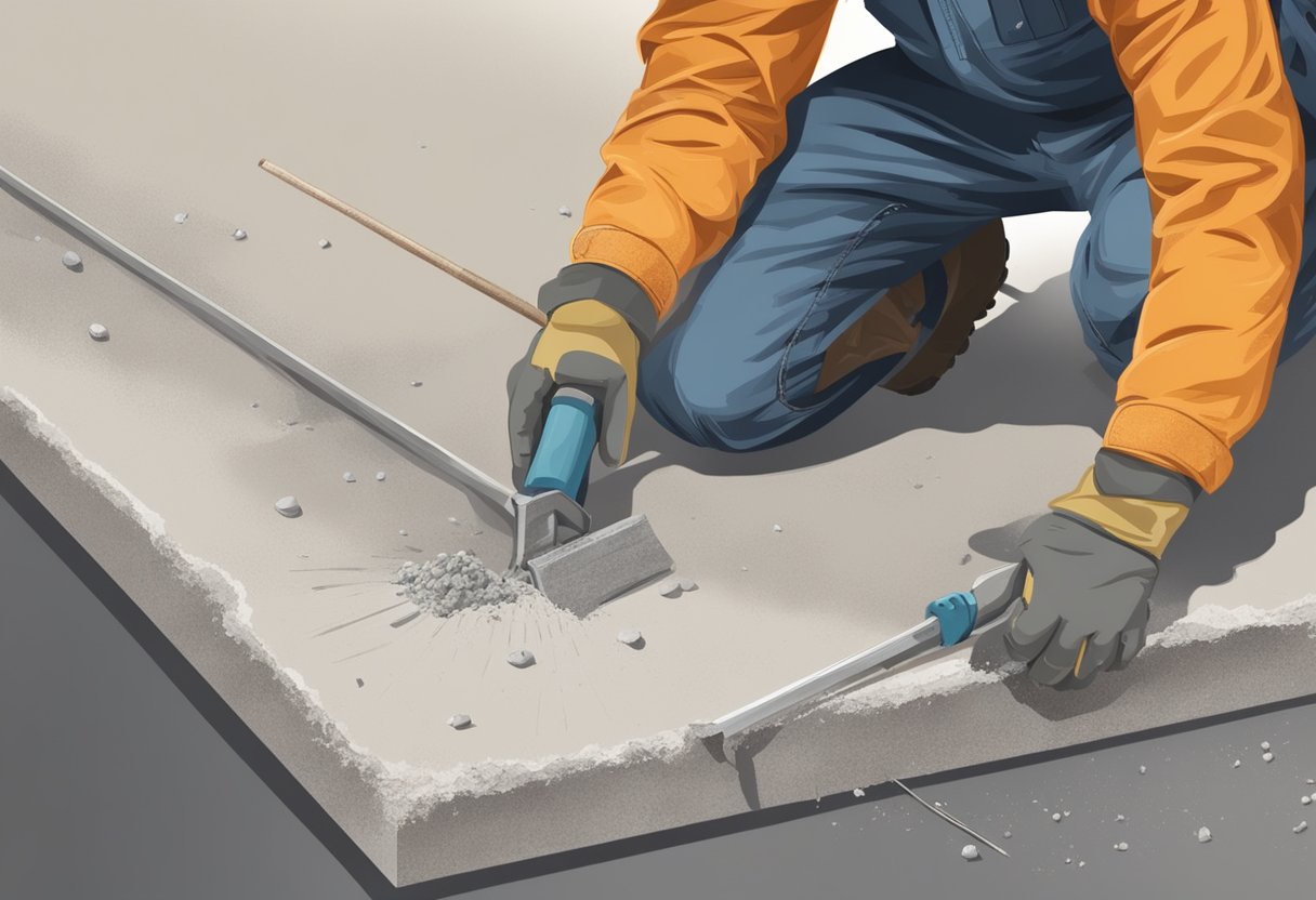 Concrete surface with protruding nails. Tools and safety equipment nearby. Worker using a pry bar to remove nails. Debris and dust scattered around