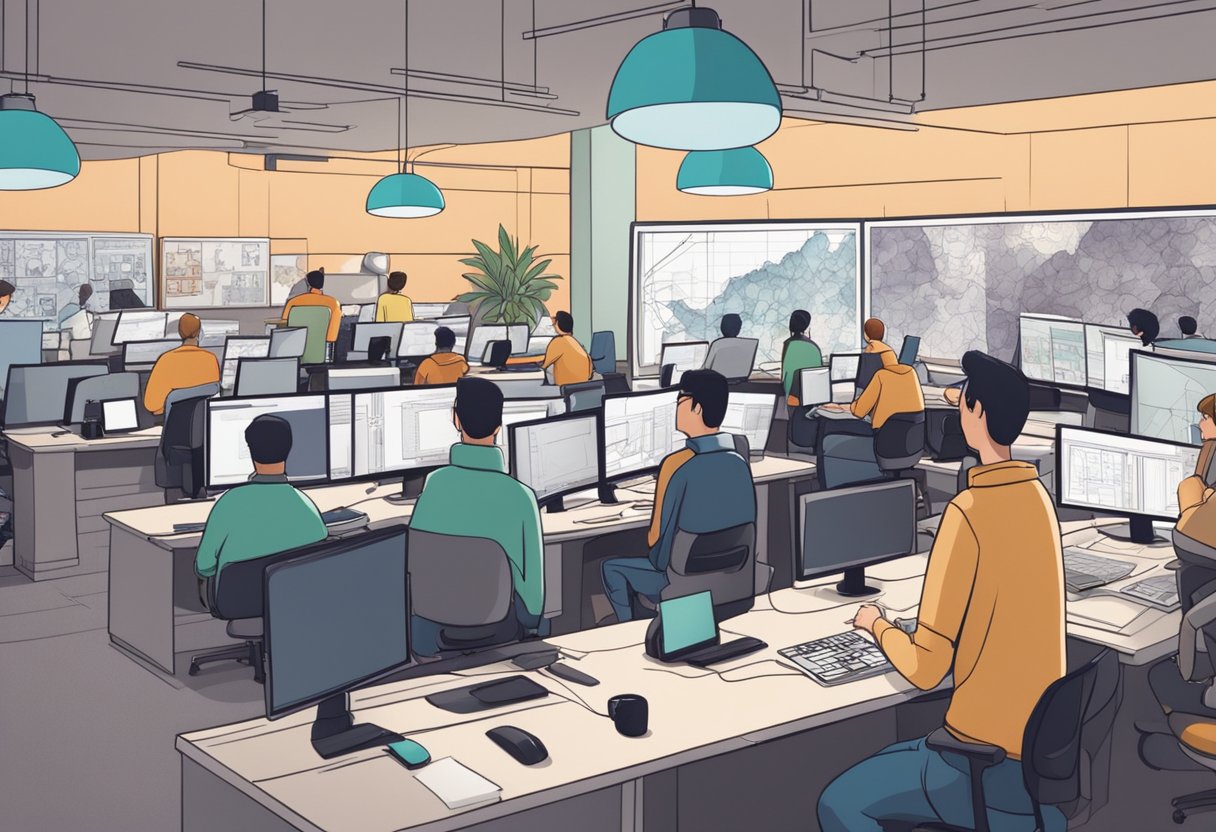 A bustling studio with computers, drawing tablets, and animation software. Colorful storyboards cover the walls, and a team collaborates on a dynamic animation project