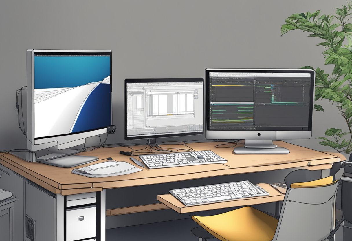 A computer workstation with animation software, drawing tablet, and video editing tools in a studio setting