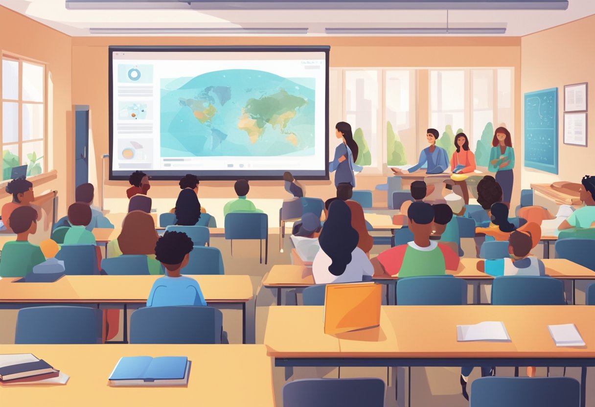 A classroom setting with a large screen displaying an interactive animation video. Students are engaged and interacting with the content