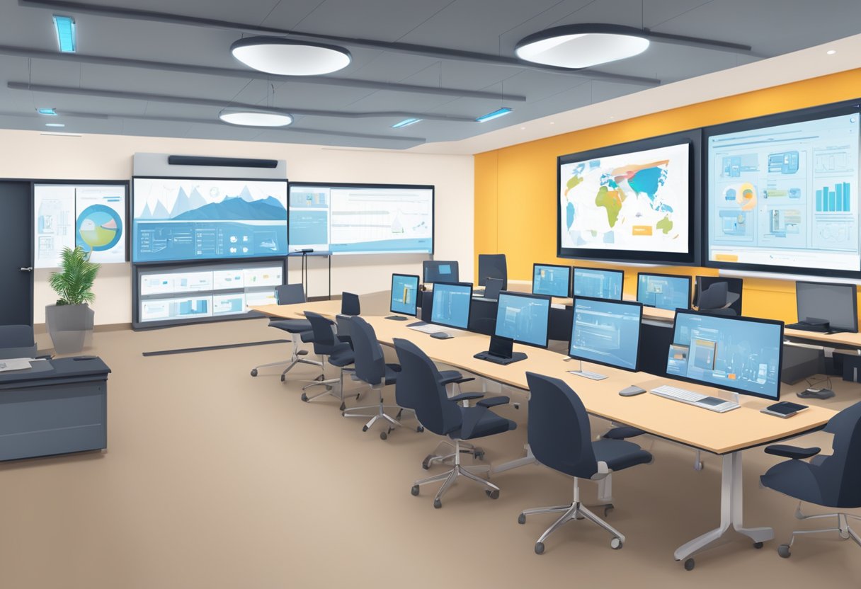 A training room with interactive screens, animated diagrams, and hands-free controls. Interactive video production equipment visible