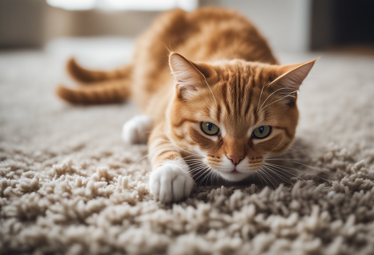 A cat scratching a carpet, with a nearby scratching post and deterrent spray