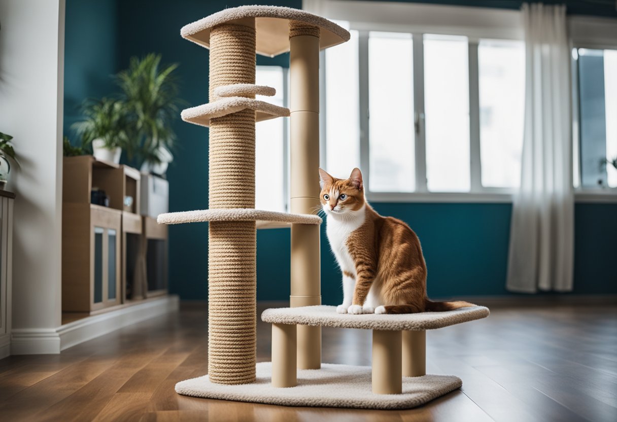 A cat tower with scratching posts stands in a room with carpet protectors. A cat happily scratches the designated posts, while nearby, a deterrent spray and toys are displayed
