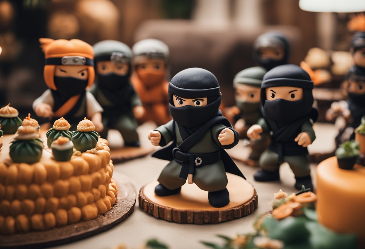 A group of ninjas in traditional attire gather at a Naruto-themed birthday party, surrounded by themed decorations and a cake