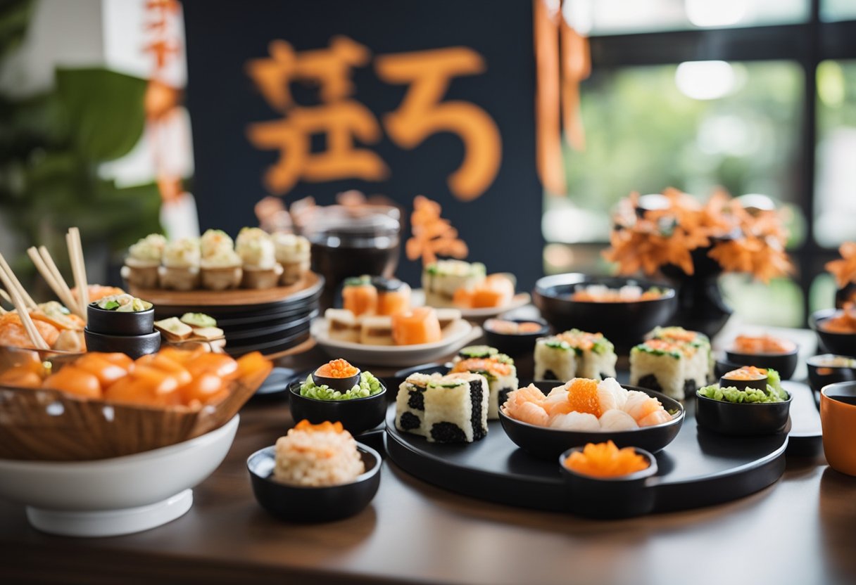A table adorned with ninja-themed decorations and a variety of food and drink options, including sushi, ramen, and ninja-shaped cookies, is set up for a Naruto birthday party