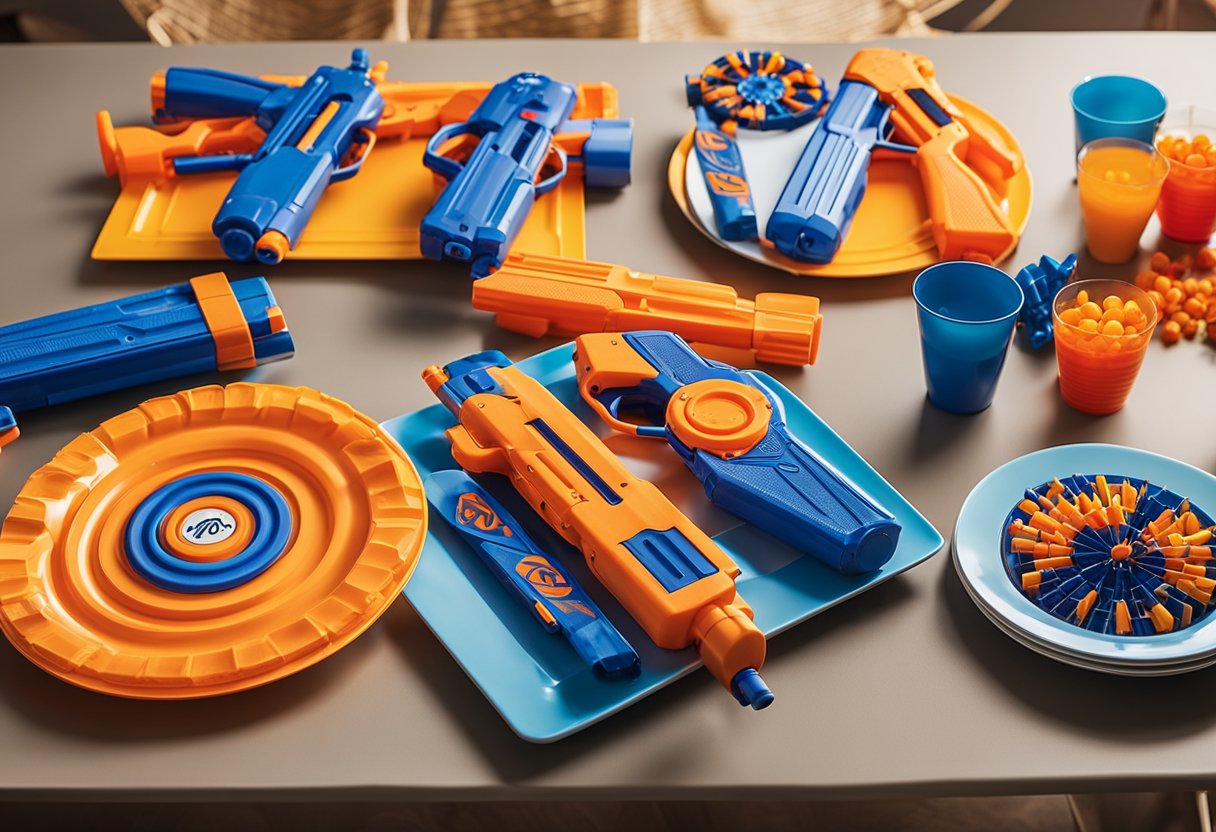 Colorful Nerf guns, darts, and targets arranged on a table with matching plates, cups, and decorations for a nerf gun birthday party