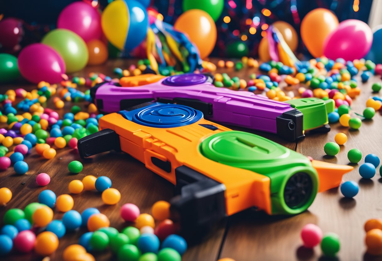 Colorful nerf guns and safety goggles scattered around a festive birthday party scene. Streamers and balloons decorate the space, creating a fun and lively atmosphere