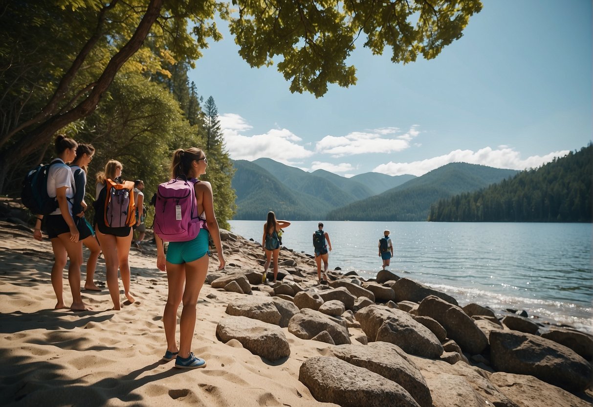 Students in various settings: beach, forest, city, and mountain. Clothing options for each location: swimsuits, hiking gear, casual urban attire, and outdoor adventure wear