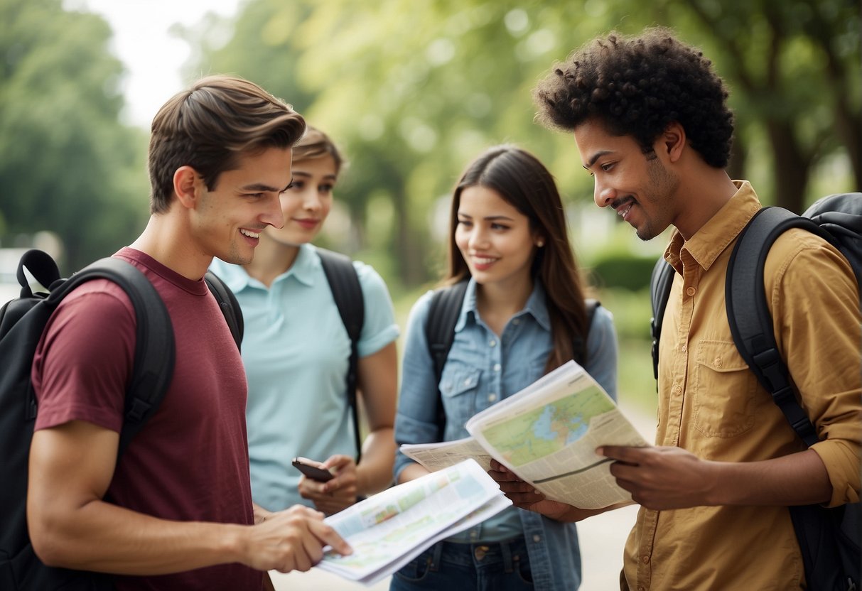 A group of students in casual clothes gather around a teacher, holding maps and backpacks, preparing for a field trip