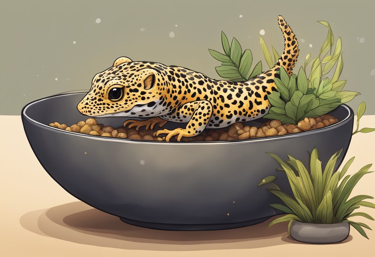 A leopard gecko is eating mealworms from a shallow dish in a warm, dimly lit terrarium with hiding spots and climbing branches