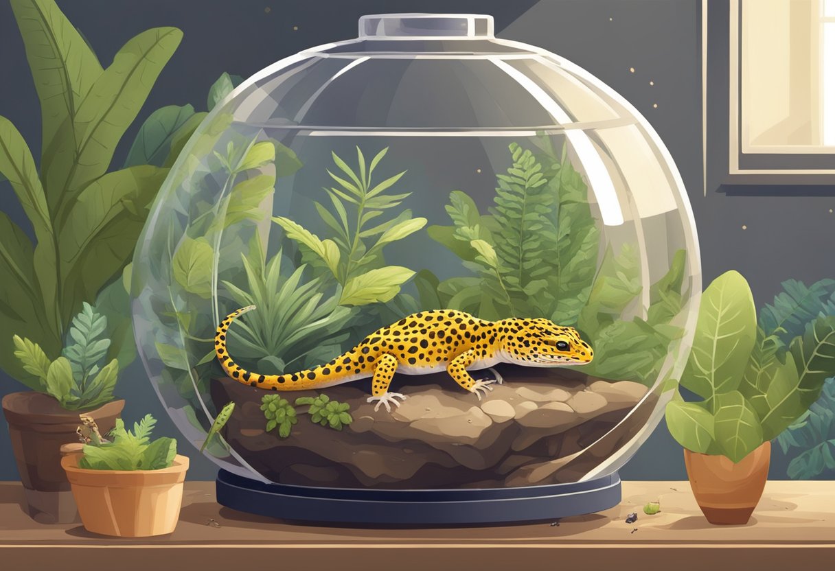 A leopard gecko is being fed a variety of insects and worms in a spacious terrarium with a heat lamp and hiding spots