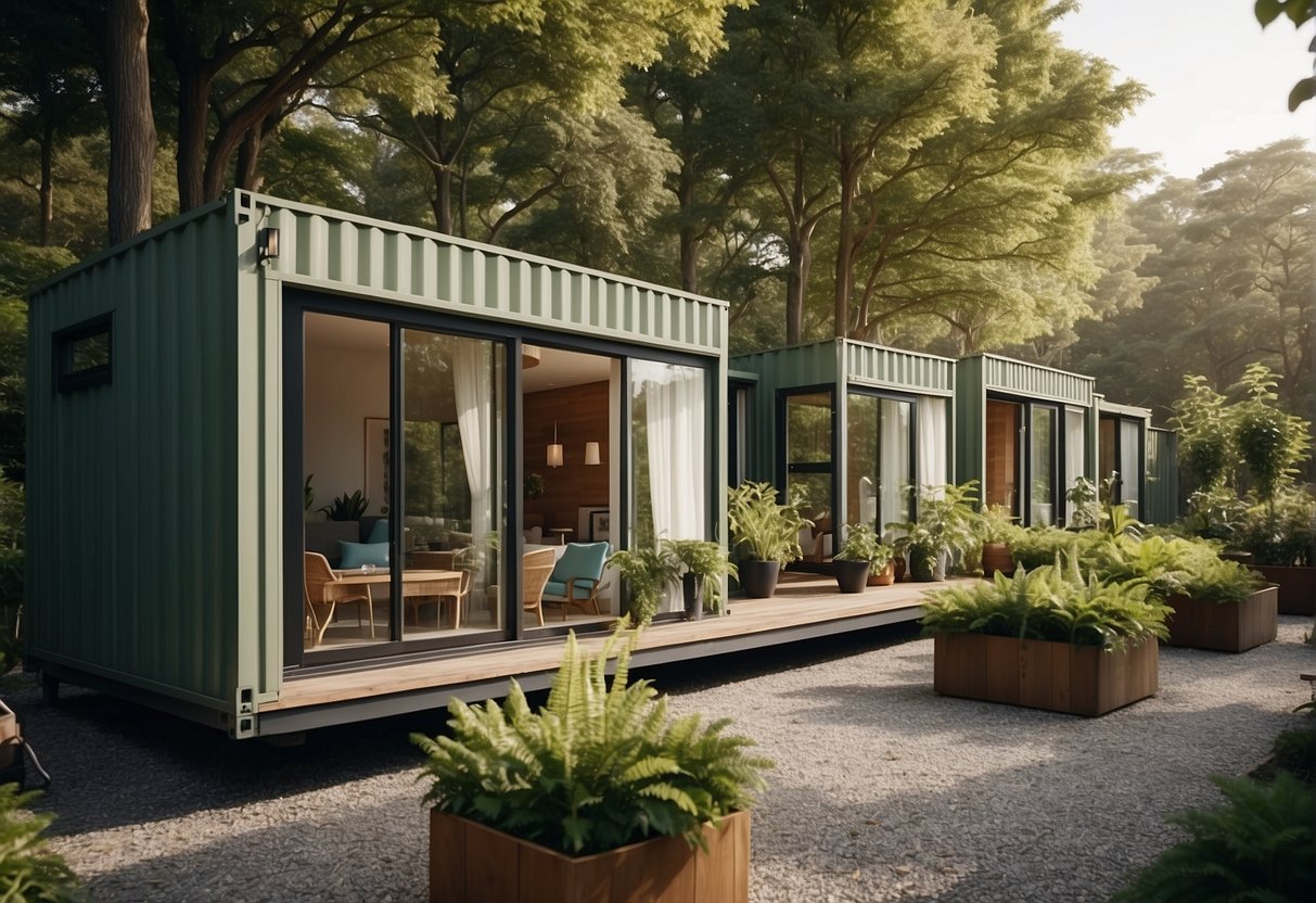 A cluster of modern container homes nestled among lush greenery, with large windows and sleek exteriors