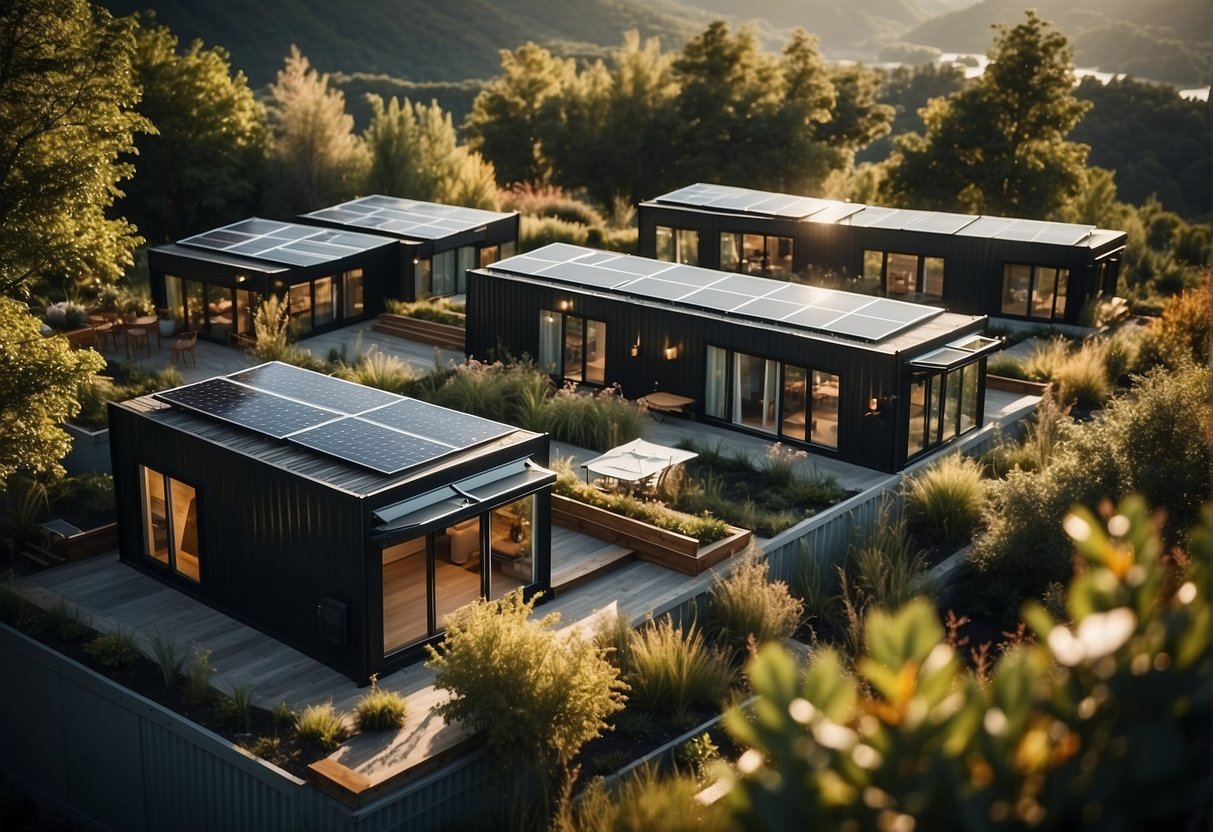 A cluster of modern, eco-friendly container homes nestled in a lush, sustainable community with solar panels and green roofs
