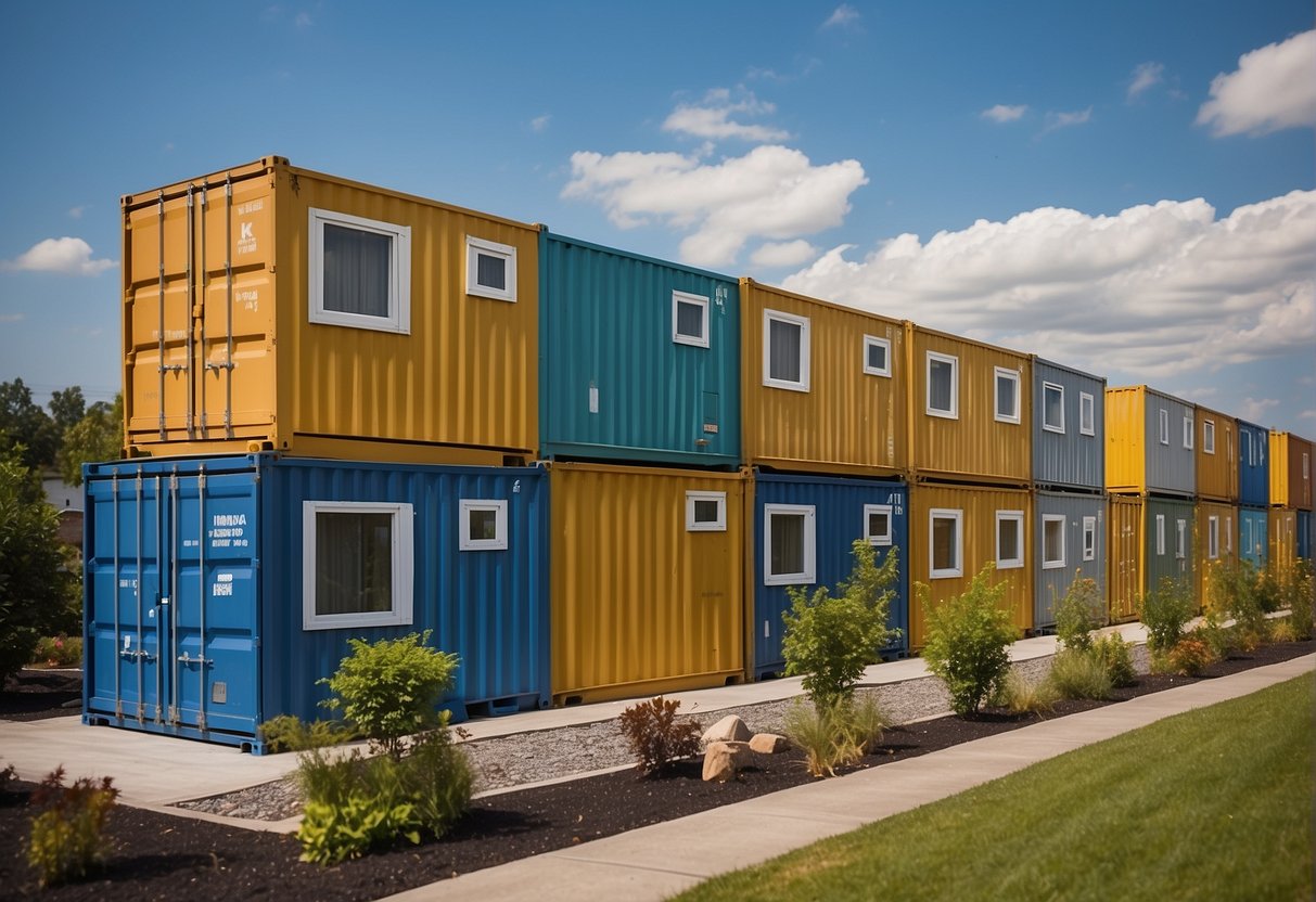 A row of uniform container homes, each labeled with compliance regulations