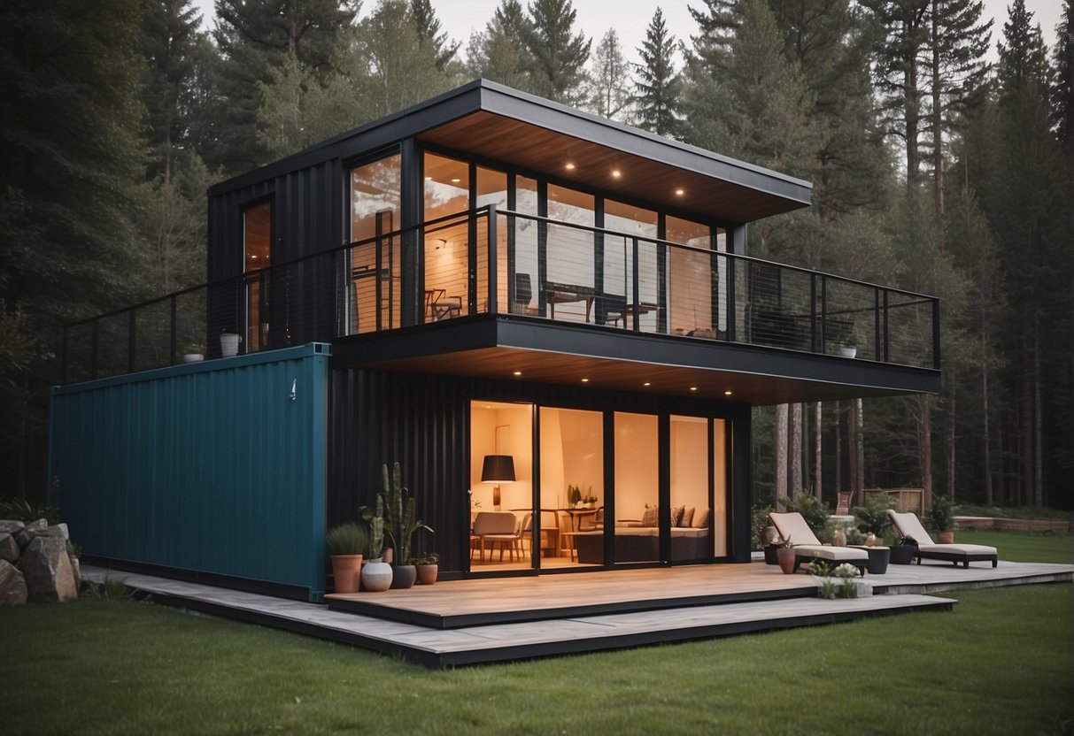 A cozy container home nestled in a serene natural setting, with modern design features and sustainable living elements