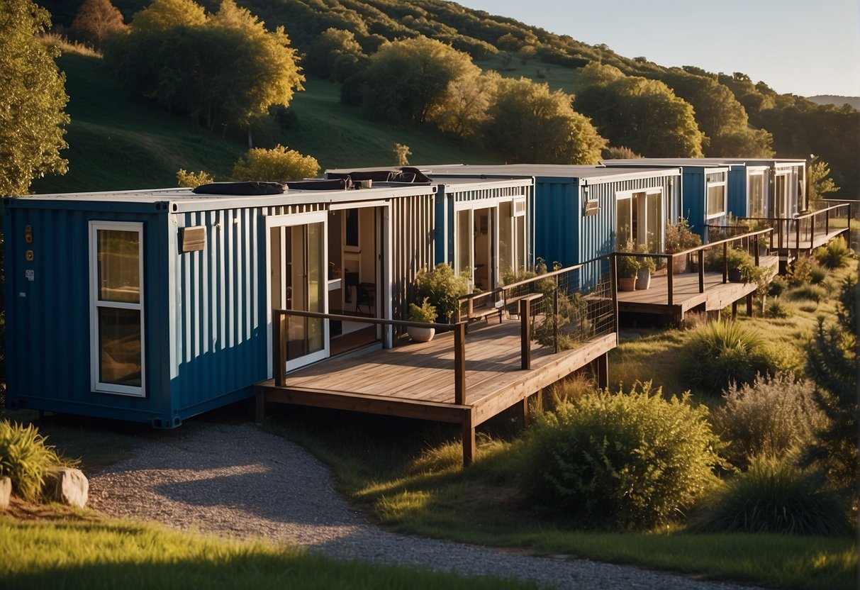 A cluster of residential container homes, nestled among trees with a backdrop of rolling hills and a clear blue sky