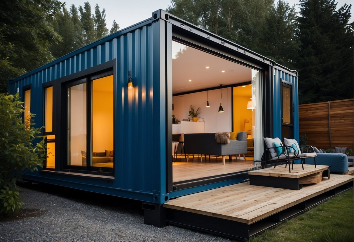 A modern residential container home with sleek design, large windows, and innovative space-saving features