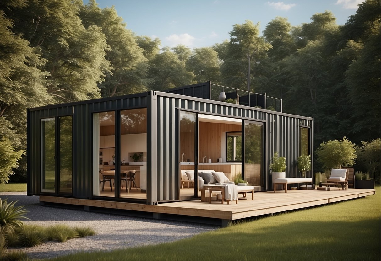 A cluster of modern, sustainable container homes nestled in a peaceful, green setting, with solar panels on the roofs and stylish, minimalist design