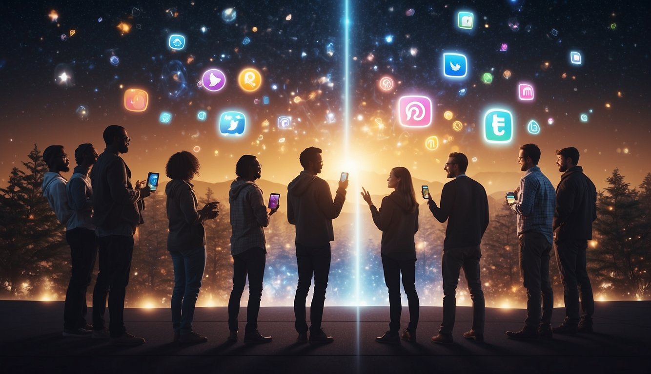 A diverse group of people gather around a glowing screen, interacting with each other and sharing religious content on various social media platforms
