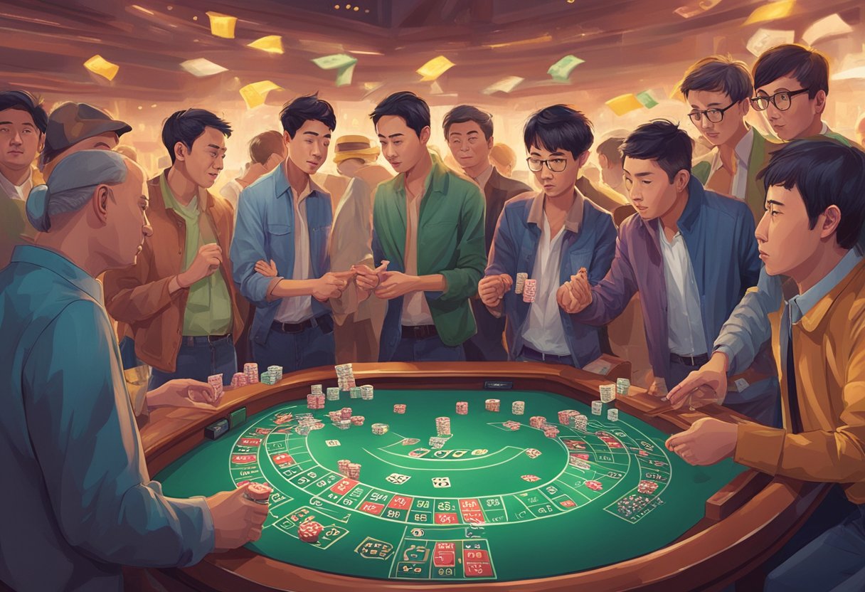 A group of people playing Toto Macau, surrounded by colorful betting slips and a tense atmosphere
