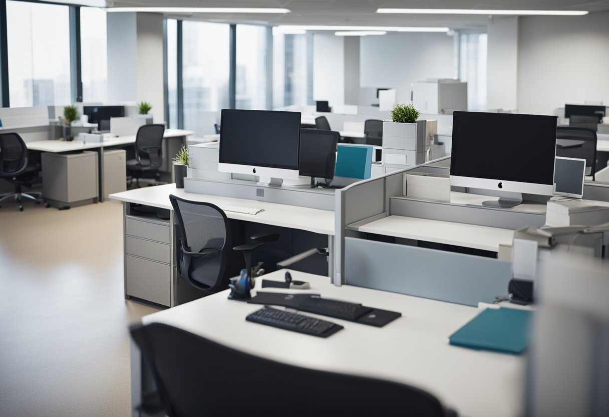 A sparkling clean office with organized desks and fresh-smelling carpets. Professional cleaners work diligently, using high-quality equipment to ensure a pristine workspace