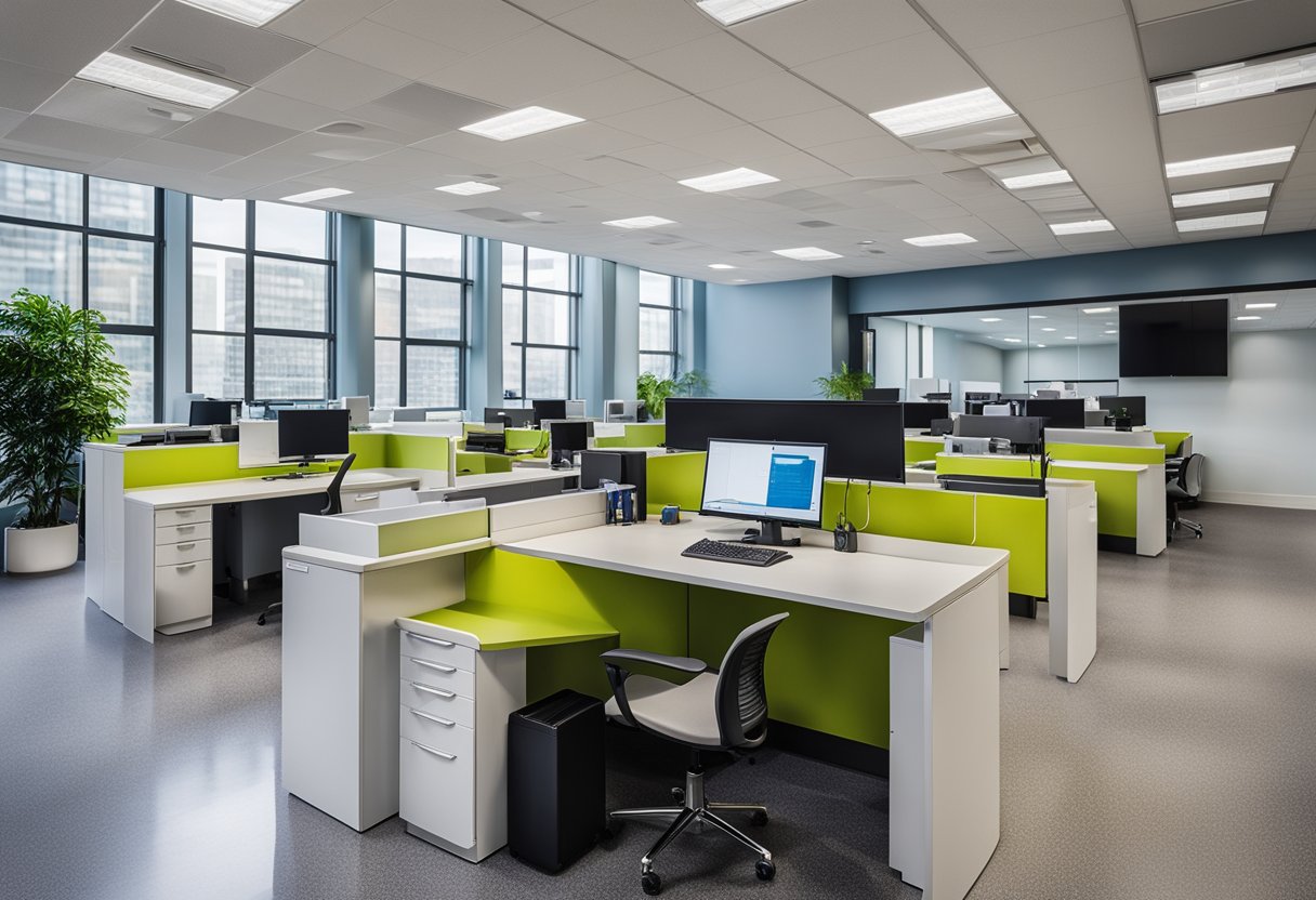 An orderly and pristine office space, with gleaming floors, dust-free surfaces, and sanitized workstations, showcasing the benefits of professional office cleaning
