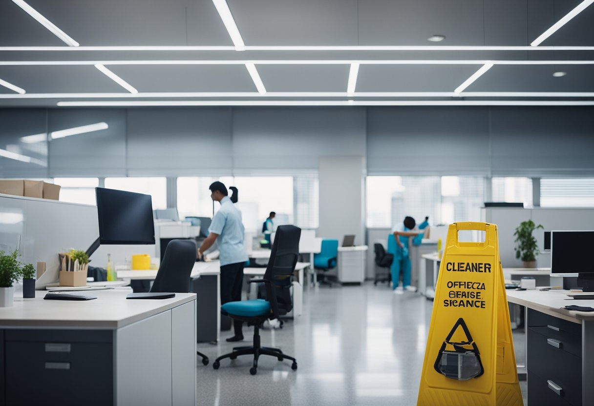 A tidy office space with professional cleaners efficiently using specialized equipment to sanitize and organize work areas