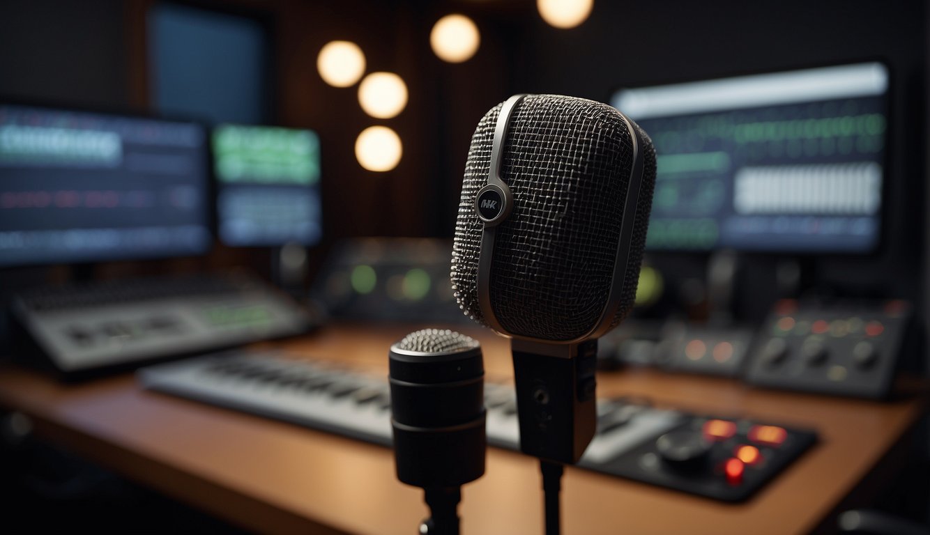 A recording studio with a microphone, soundproof walls, and a control panel. A voice over artist stands in front of the mic, delivering lines with confidence and clarity