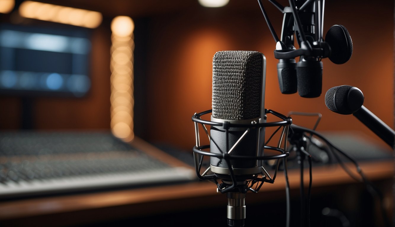 A recording studio with a microphone, soundproof walls, and a script on a stand. A voice over artist is speaking into the microphone with confidence