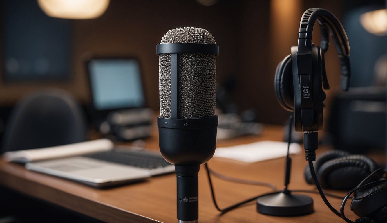 A microphone sits on a desk, surrounded by soundproofing panels. A script and headphones are nearby, ready for a voice over artist to begin recording