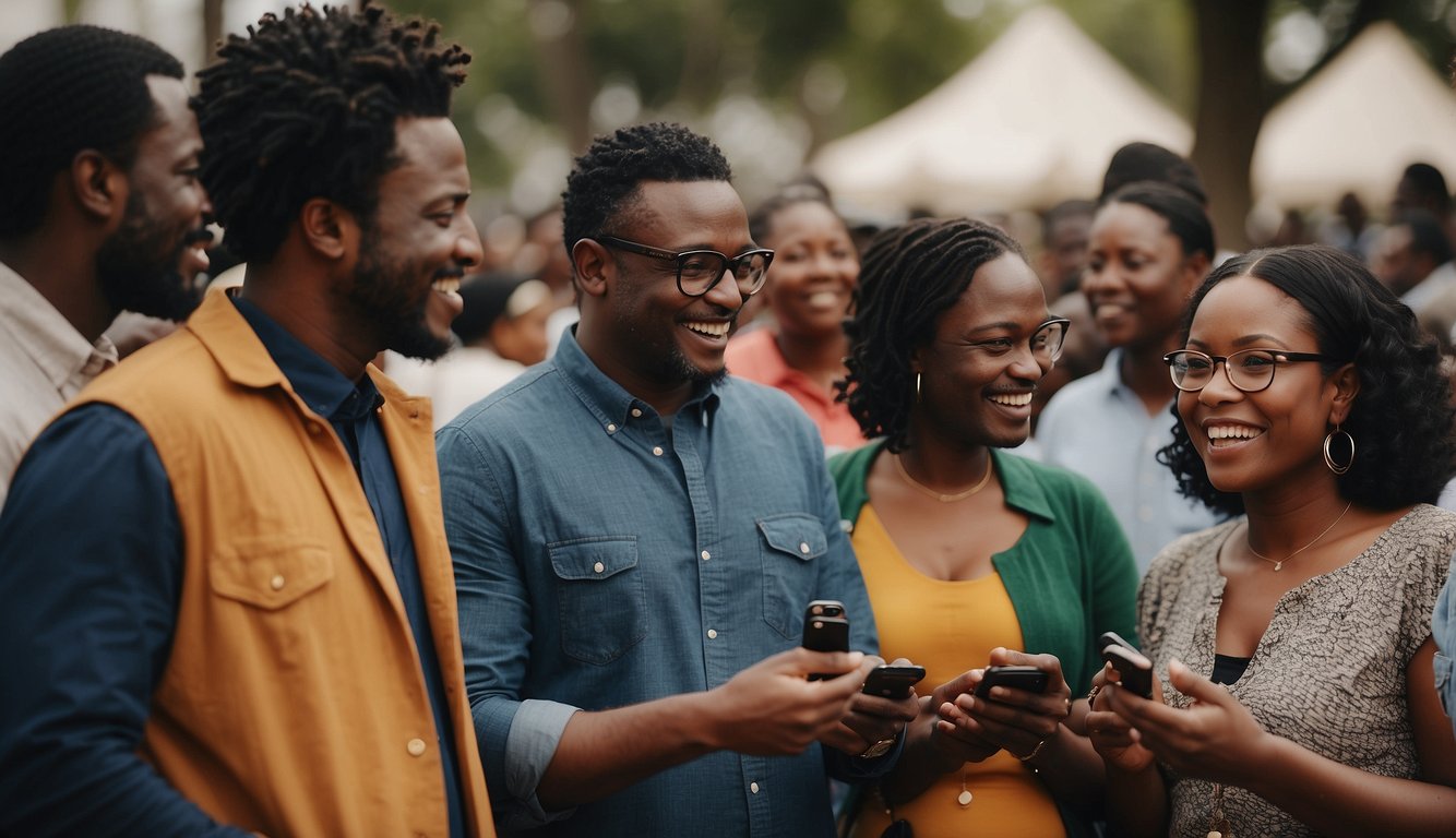 A group of people gather at a local event, exchanging contact information and discussing opportunities for aspiring voice over artists in Nigeria