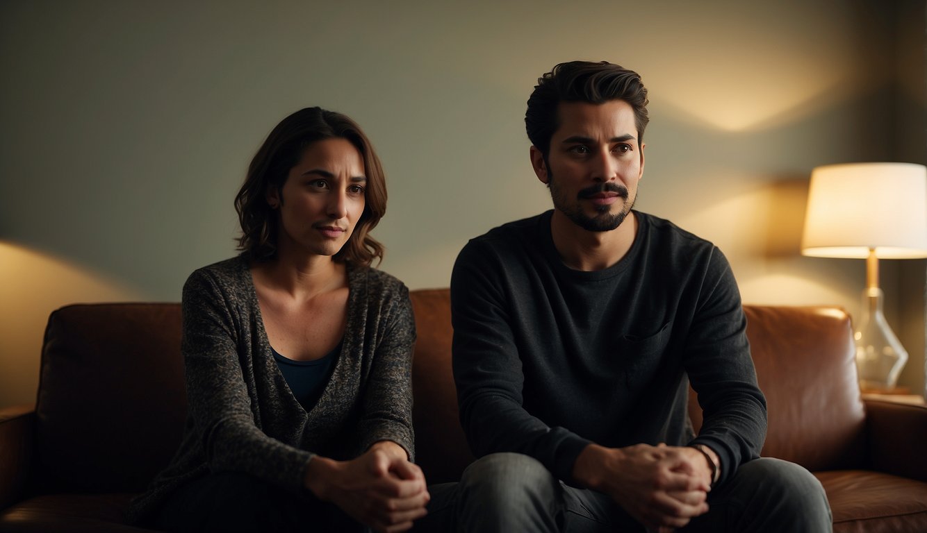A couple sits on opposite ends of a couch, their body language tense. A pile of unresolved issues sits between them, casting a shadow over the room