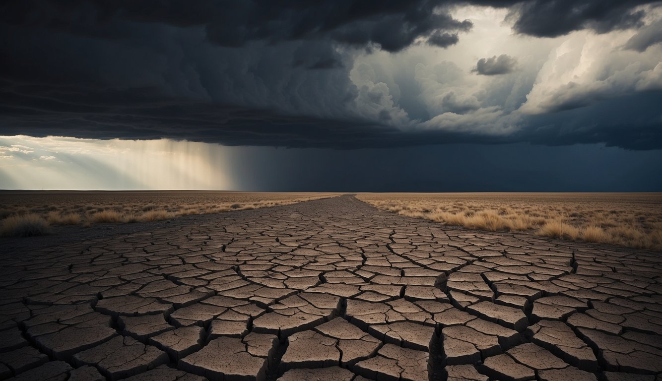 A stormy sky looms over a cracked and barren landscape, with dark clouds casting shadows on the ground. The atmosphere is tense, with a feeling of unease and discord