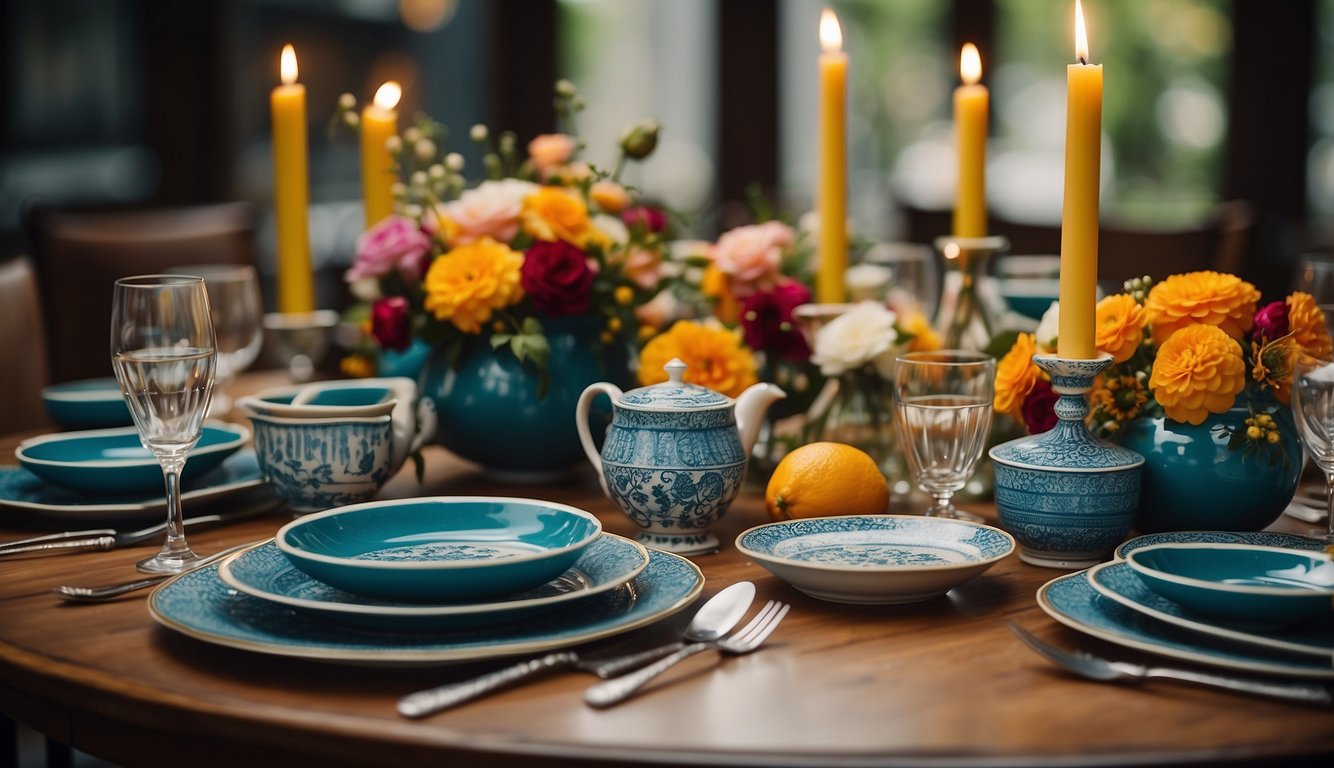 A symmetrical table setting with vintage dinnerware and a vibrant color palette, arranged in a meticulously organized manner