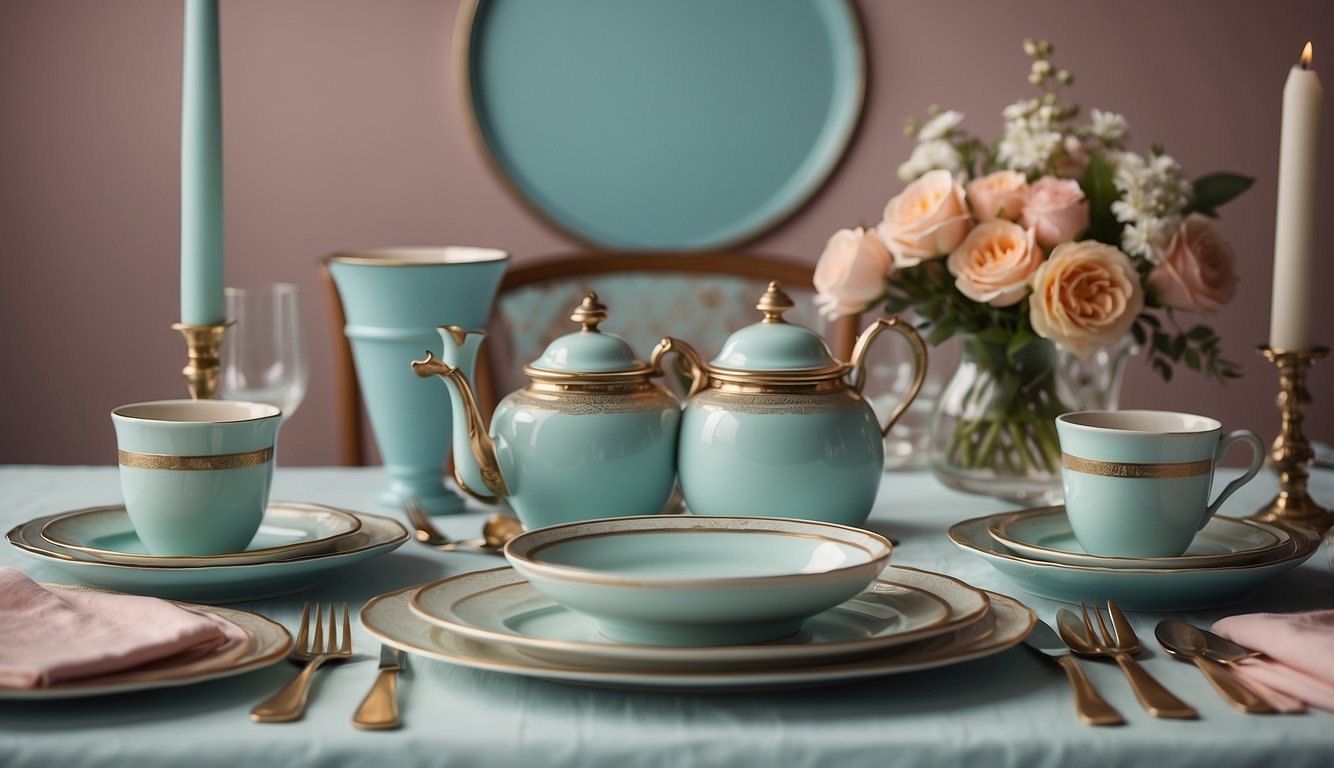 A symmetrical table setting with vintage props and pastel colors, framed by a carefully composed shot with centered subjects and a balanced composition