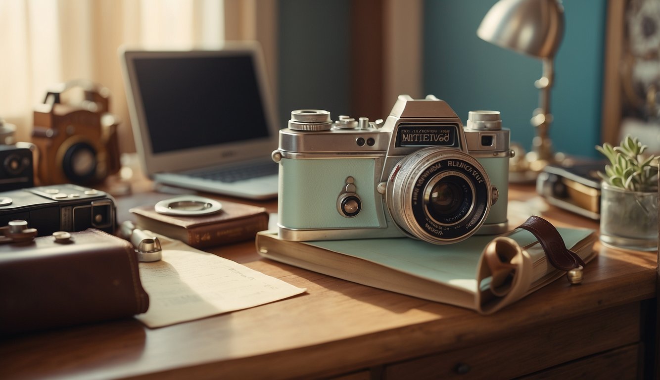 A meticulously arranged desk with vintage props, pastel colors, and symmetrical composition. A retro camera and quirky knick-knacks add whimsy