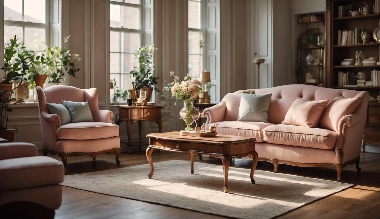 A symmetrical room with vintage furniture, pastel colors, and carefully arranged props. Sunlight streams in through large windows, casting soft shadows on the meticulously styled set
