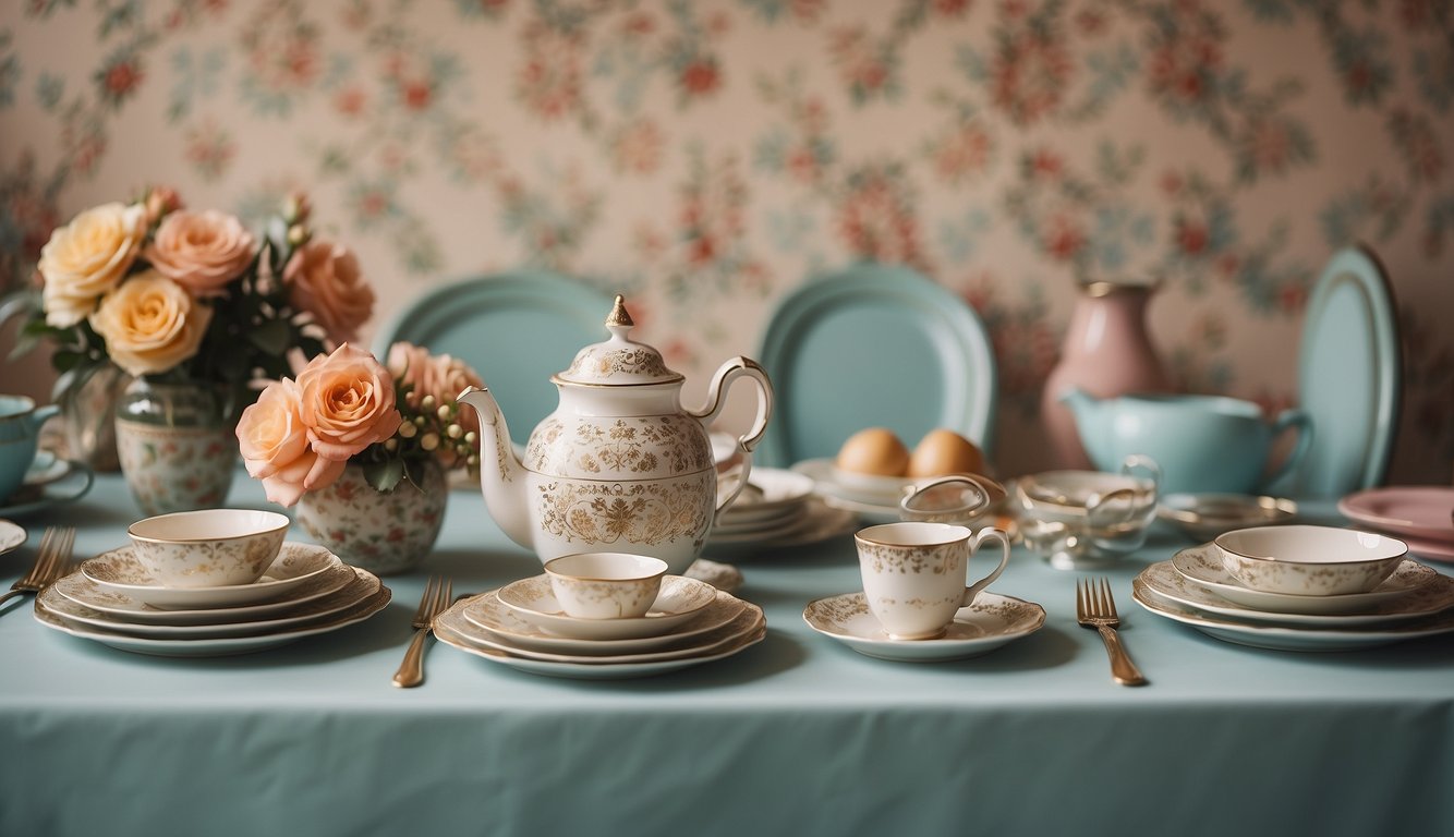 A symmetrical table setting with vintage dishes and quirky props, framed by a pastel-colored wall and ornate wallpaper