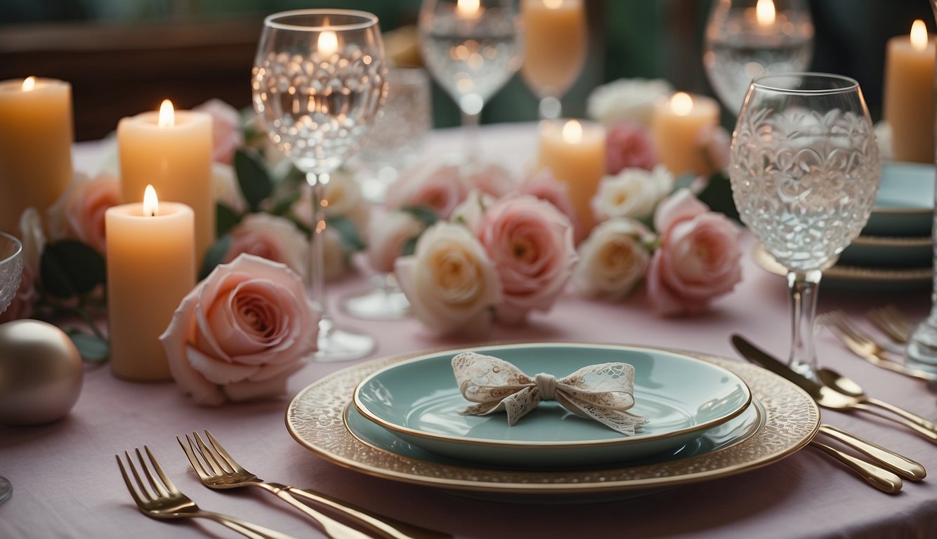 A meticulously arranged table setting with symmetrical placement of objects, pastel colors, and a vintage aesthetic