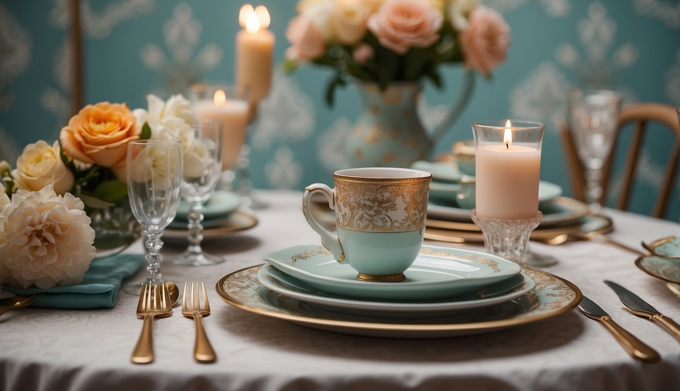 A meticulously arranged table setting with symmetrical objects and pastel colors, framed by a vintage wallpaper backdrop