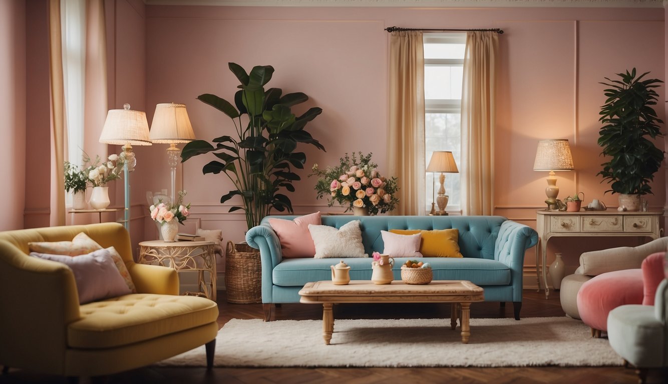 A colorful, symmetrical room with vintage furniture and quirky props. Soft, pastel lighting creates a whimsical atmosphere