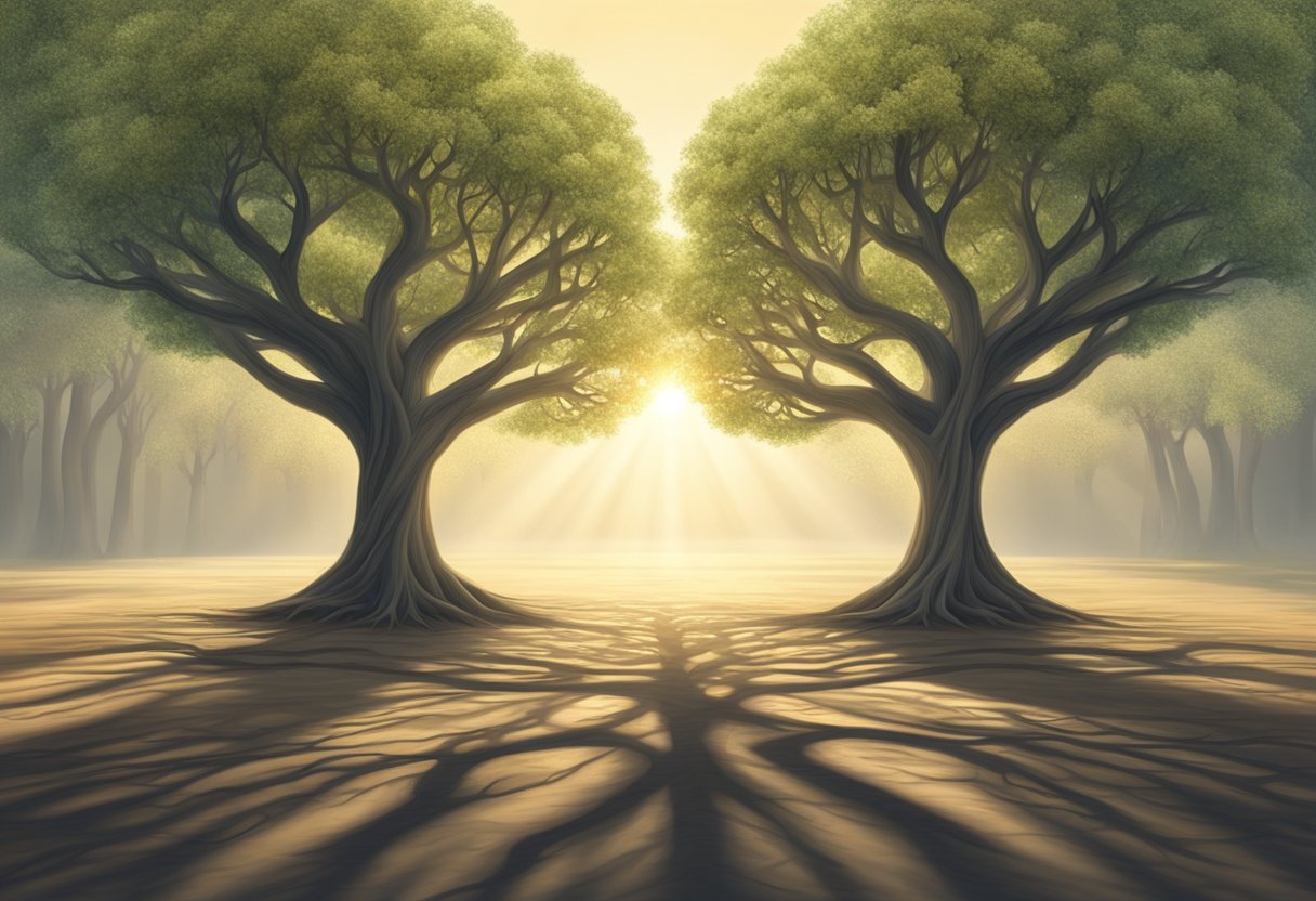 Two identical trees stand side by side, their branches intertwined in a harmonious dance. The sunlight filters through their leaves, casting a symmetrical pattern on the ground below