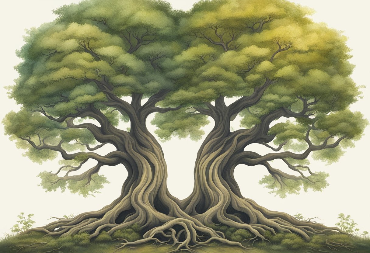 Two identical trees stand side by side, their roots intertwined, symbolizing the spiritual significance of twins in dreams