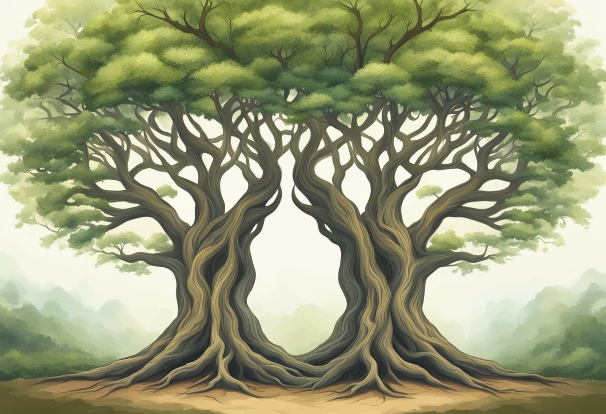 Two identical trees stand side by side, their branches intertwining and their roots connected underground, symbolizing the spiritual bond and unity of twins