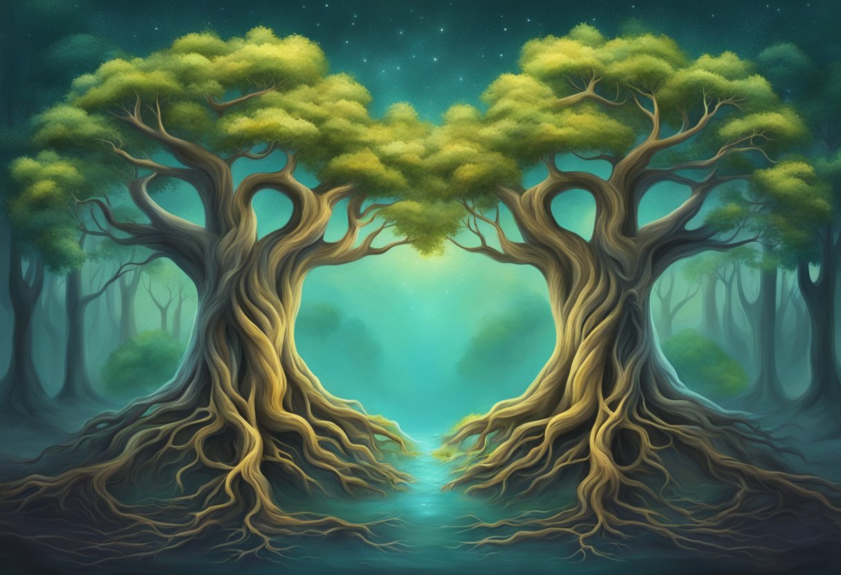 Two identical trees stand side by side, their branches intertwining and their roots deeply connected, symbolizing the spiritual bond and unity of twins in a dream