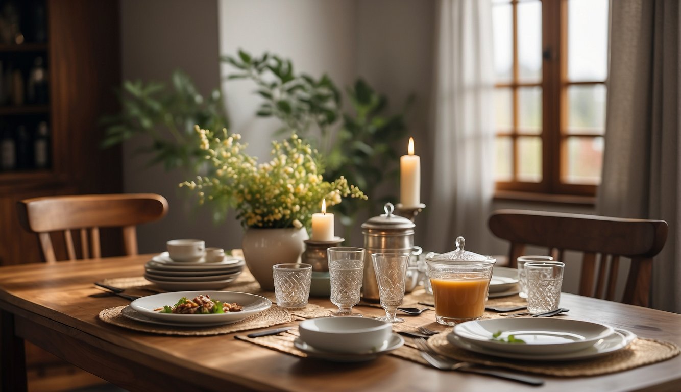 A table set with empty plates, a closed fridge, and a prayer mat laid out in a quiet, serene room