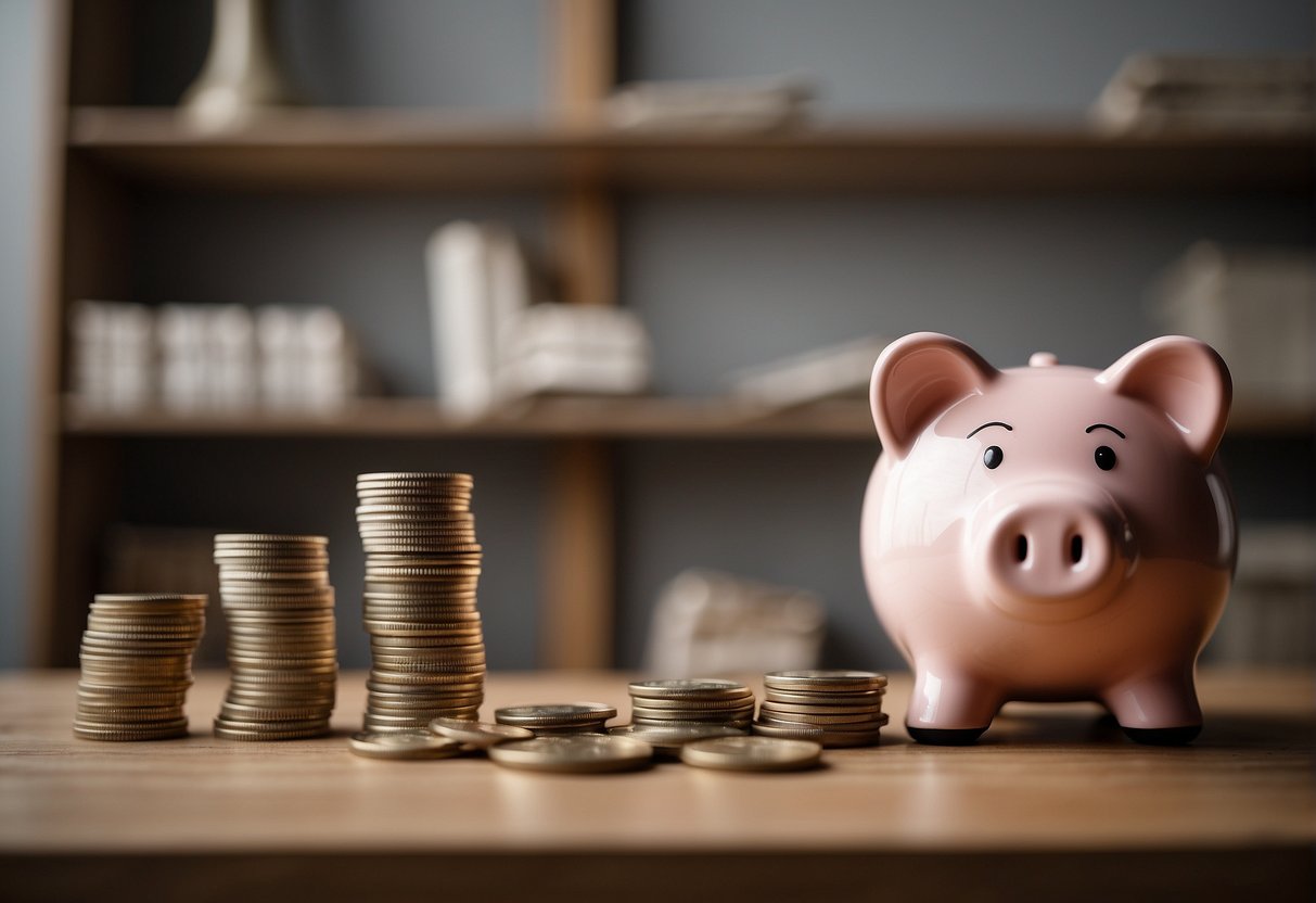 A piggy bank sits on a shelf, with coins and bills being dropped into it. A calendar on the wall shows the passing of time, and a stack of papers nearby represents financial planning