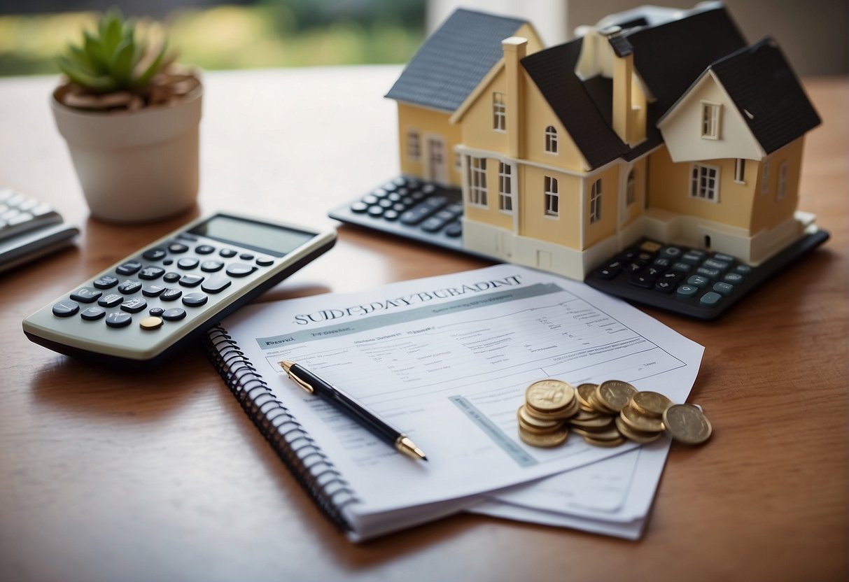 A family budgeting for a home deposit, with a list of expenses and savings plan on a table, alongside a piggy bank and house model